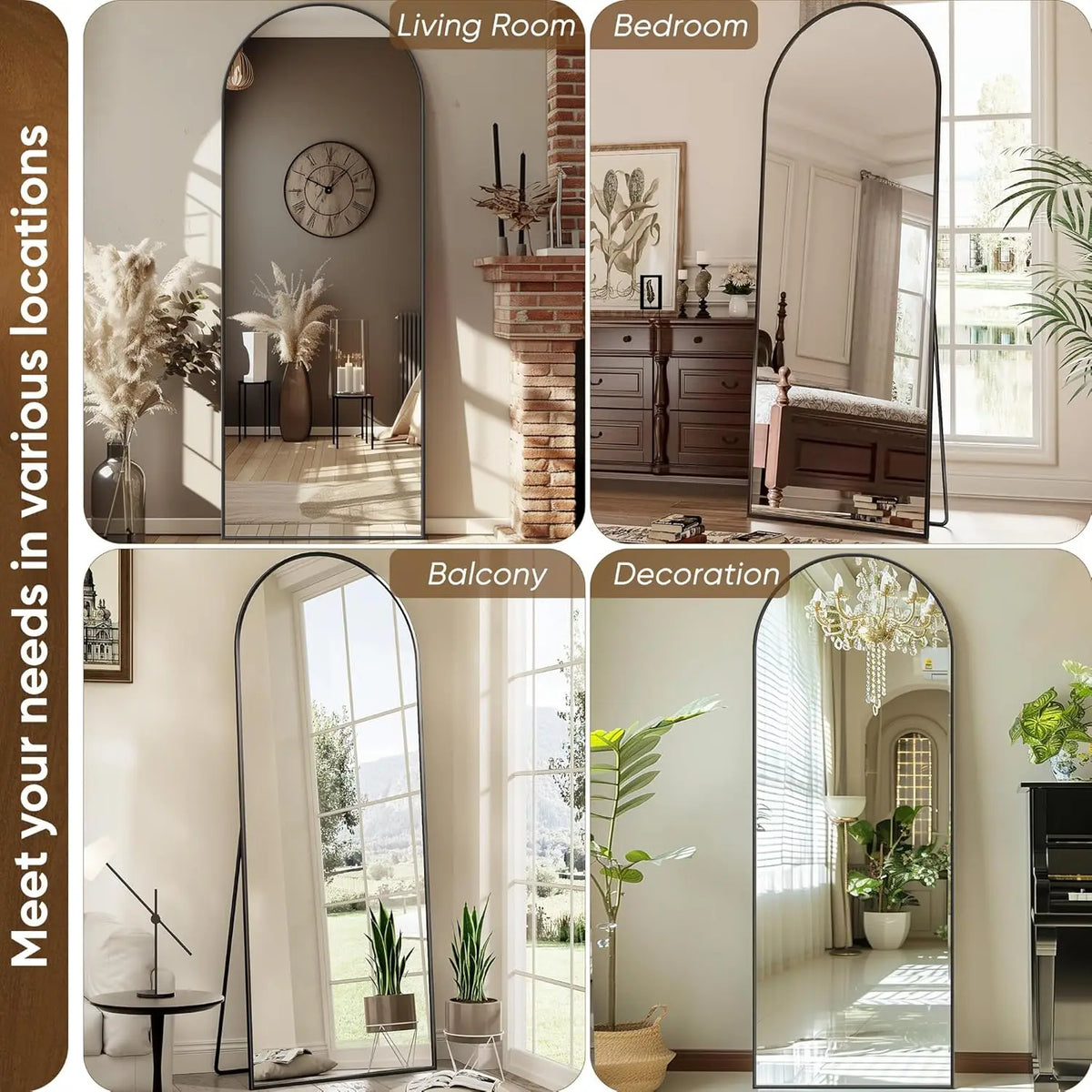 Full Length Mirror 58"x18" | Arched Floor Mirror with Stand | HD Glass, Aluminum Frame | Bedroom & Living Room Decor