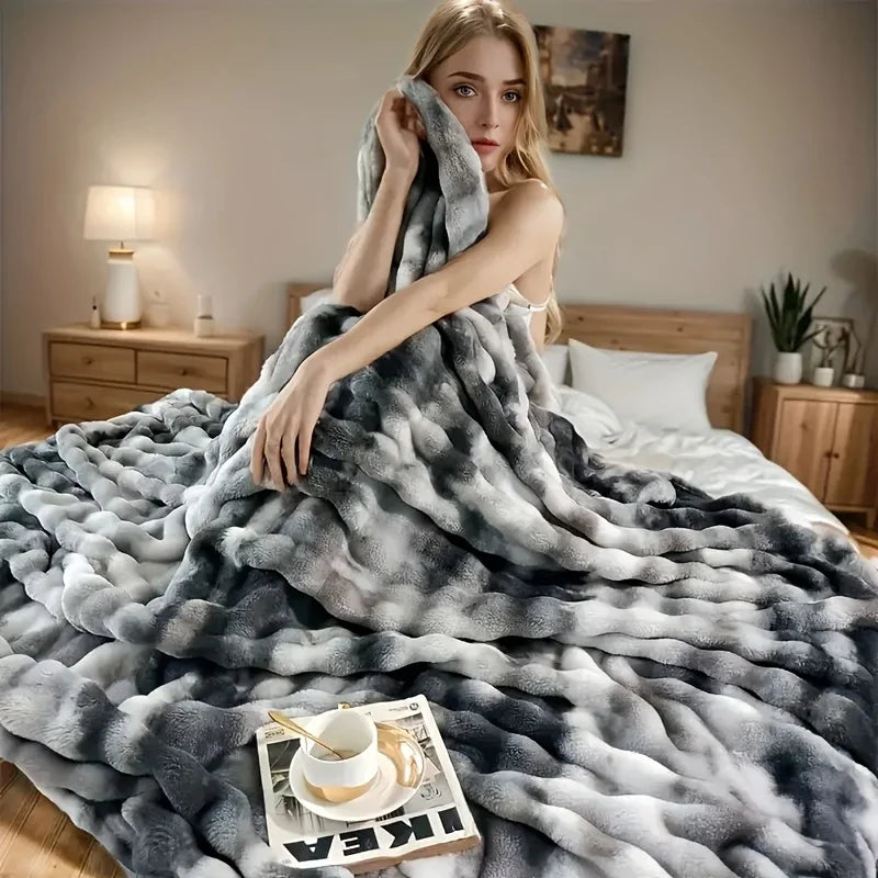 Luxury Faux Rabbit Fur Bubble Blanket | Ultra Soft Cozy Throw for Bedroom & Living Room | 4lb Warm Knitted Fleece
