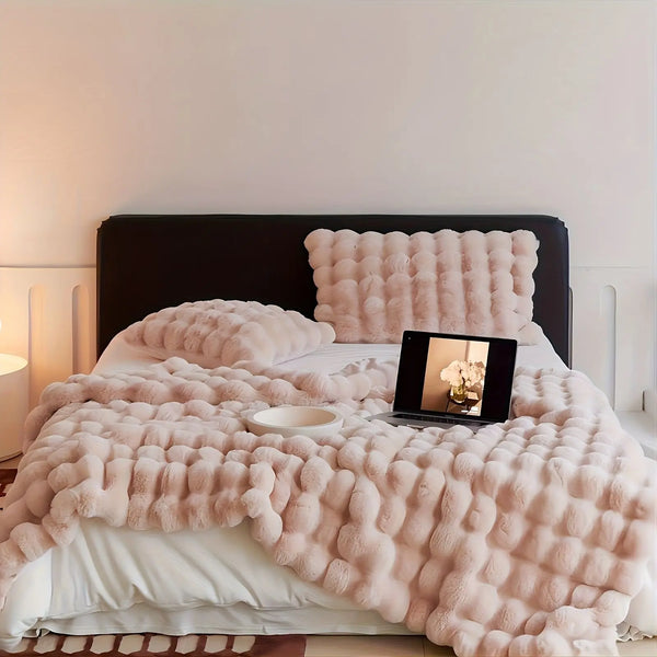 Luxury Faux Rabbit Fur Bubble Blanket | Ultra Soft Cozy Throw for Bedroom & Living Room | 4lb Warm Knitted Fleece