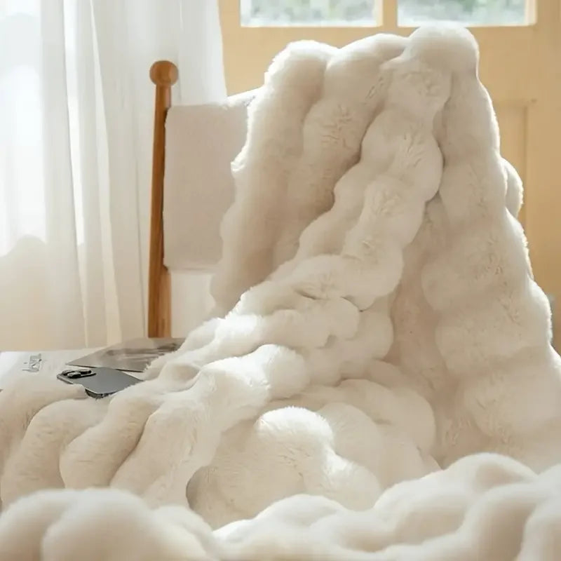 Luxury Faux Rabbit Fur Bubble Blanket | Ultra Soft Cozy Throw for Bedroom & Living Room | 4lb Warm Knitted Fleece