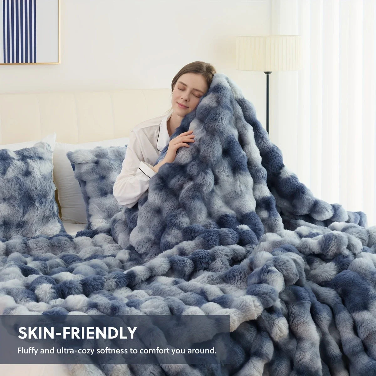Luxury Faux Rabbit Fur Bubble Blanket | Ultra Soft Cozy Throw for Bedroom & Living Room | 4lb Warm Knitted Fleece