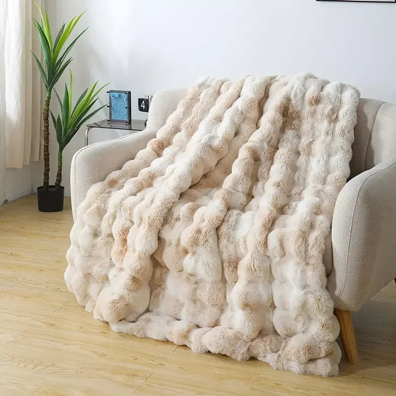 Luxury Faux Rabbit Fur Bubble Blanket | Ultra Soft Cozy Throw for Bedroom & Living Room | 4lb Warm Knitted Fleece