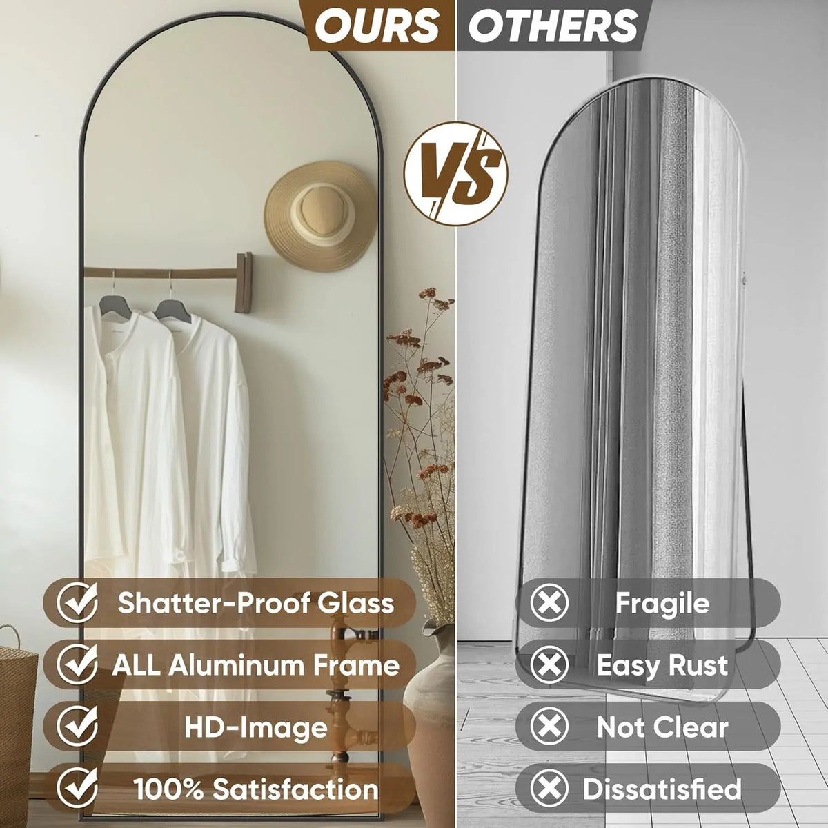 Full Length Mirror 58"x18" | Arched Floor Mirror with Stand | HD Glass, Aluminum Frame | Bedroom & Living Room Decor